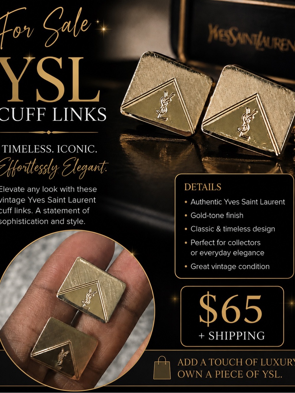 Yves Saint Laurent Gold Square Logo Cuff Links
